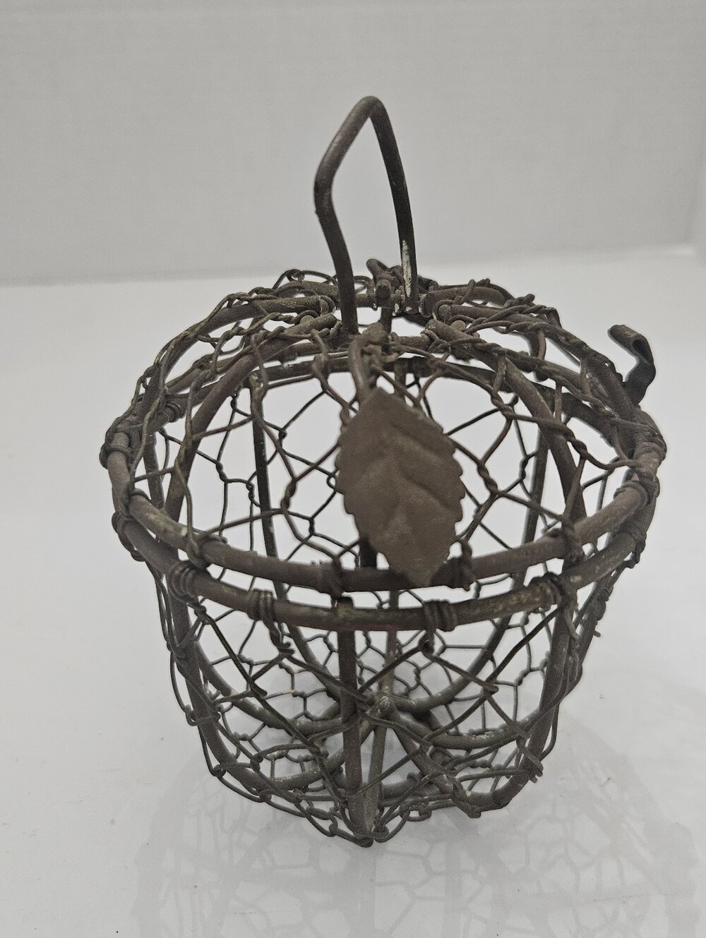 Vintage Wire Acorn Shaped Basket with Hinged Lid & Metal Oak Leaves